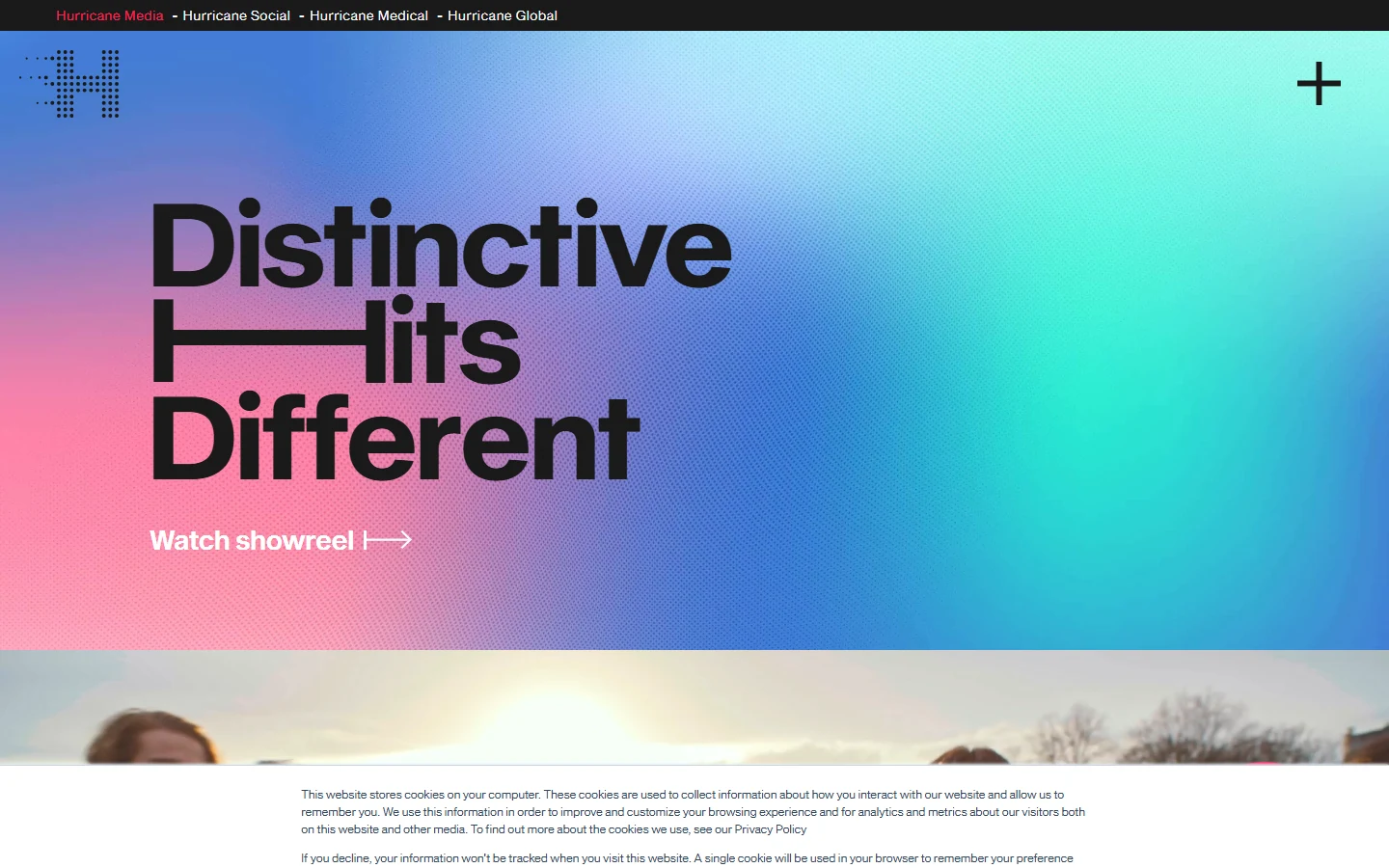 Screenshot of the Hurricane Media homepage, a UK based video marketing agency offering corporate and commercial video production plus animation