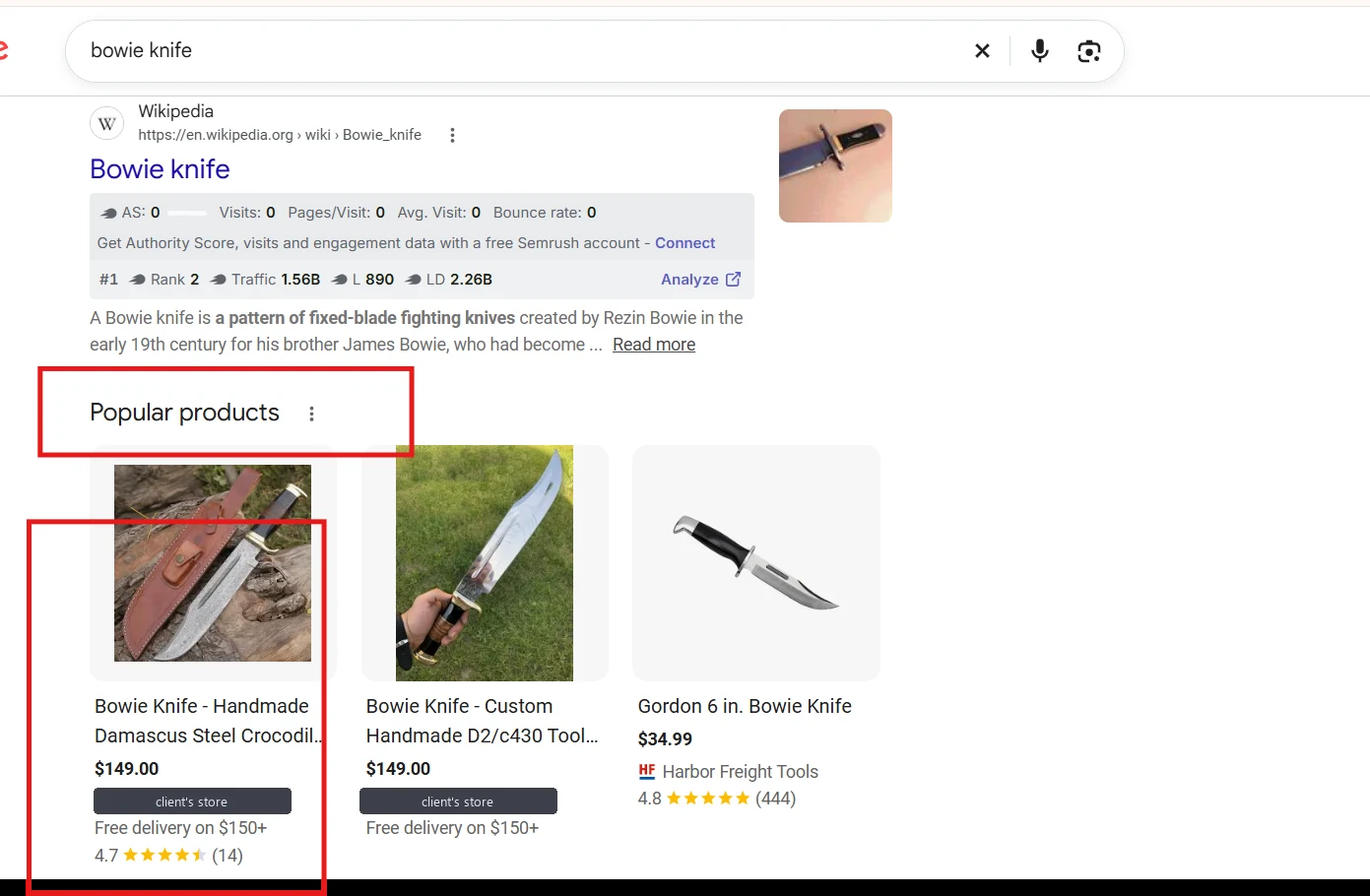 Real Google Shopping Popular products results for the query bowie knife, with the client's Shopify store name covered by a generic label, showing two of the store's bowie knife listings at $149.00 each, one with a 4.7-star rating from 14 reviews, alongside a competitor product
