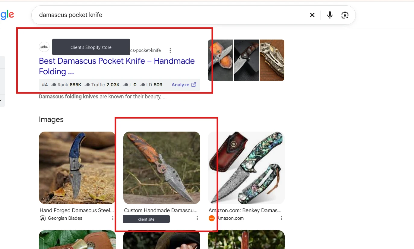 Real Google search results for the query damascus pocket knife, with the client's Shopify store name covered by a generic label, showing the store's product page ranking on page 1 with an image also appearing in the Images results pack