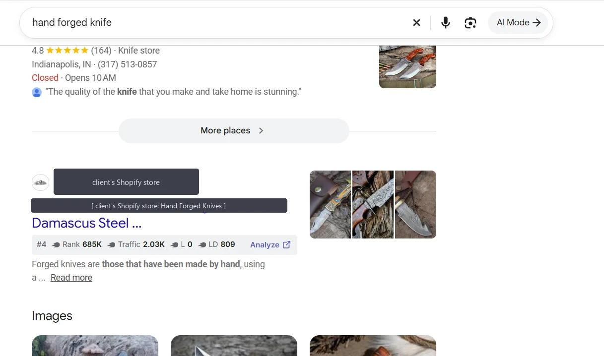 Real Google search results for the query hand forged knife, with the client's Shopify store name covered by a generic label, showing the store ranking organically on page 1 with a product listing and image results