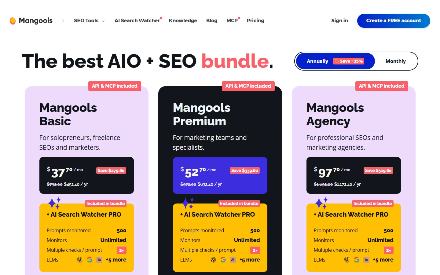 Screenshot of Mangools' pricing page showing Basic at $37.70 per month, Premium at $52.70 per month, and Agency at $97.70 per month, all billed annually