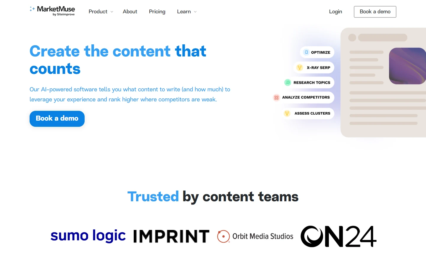Screenshot of MarketMuse's homepage showing its Create the content that counts headline and AI-powered content workflow icons