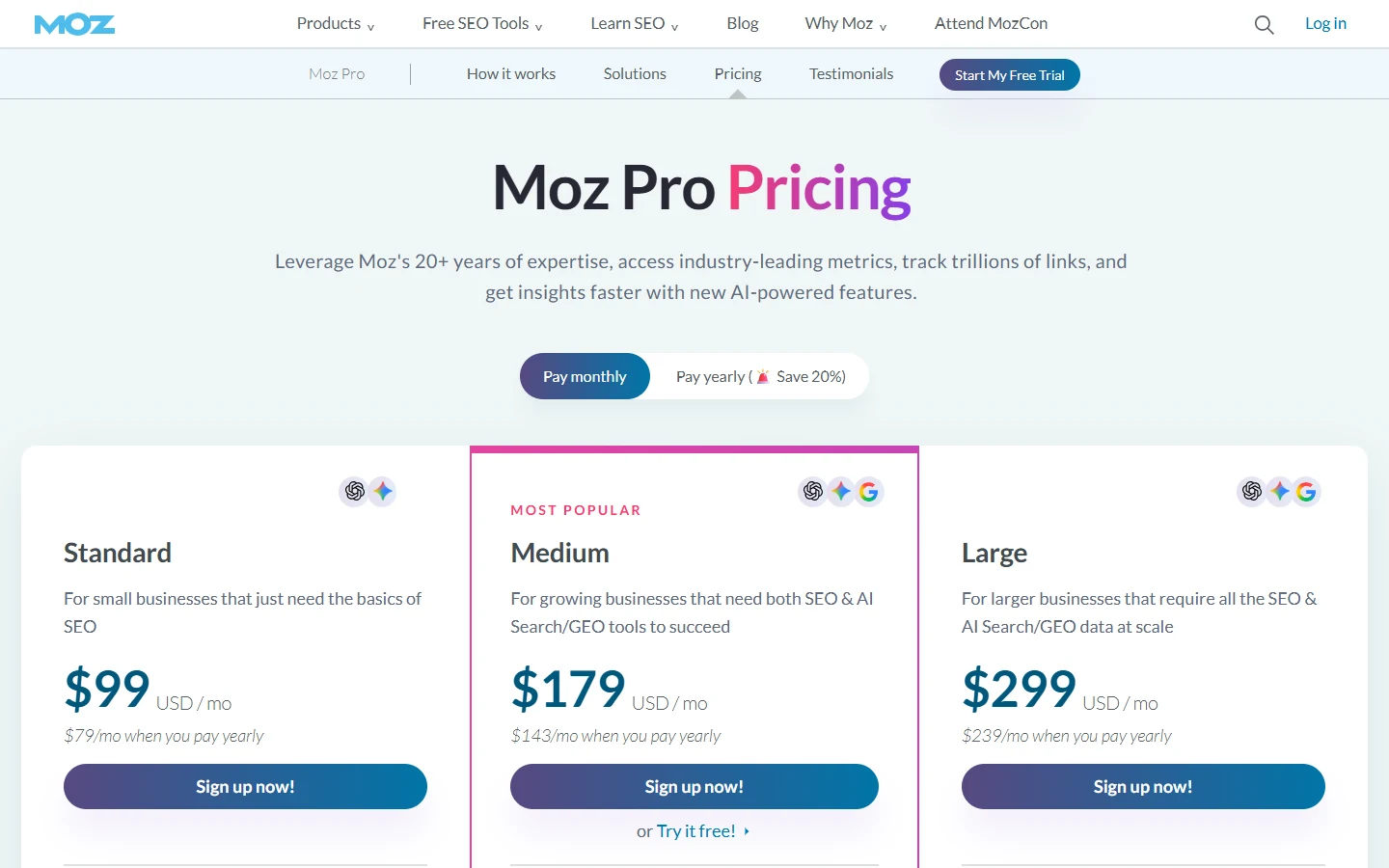 Screenshot of Moz Pro's pricing page showing the Standard plan at $99 per month, Medium at $179 per month, and Large at $299 per month