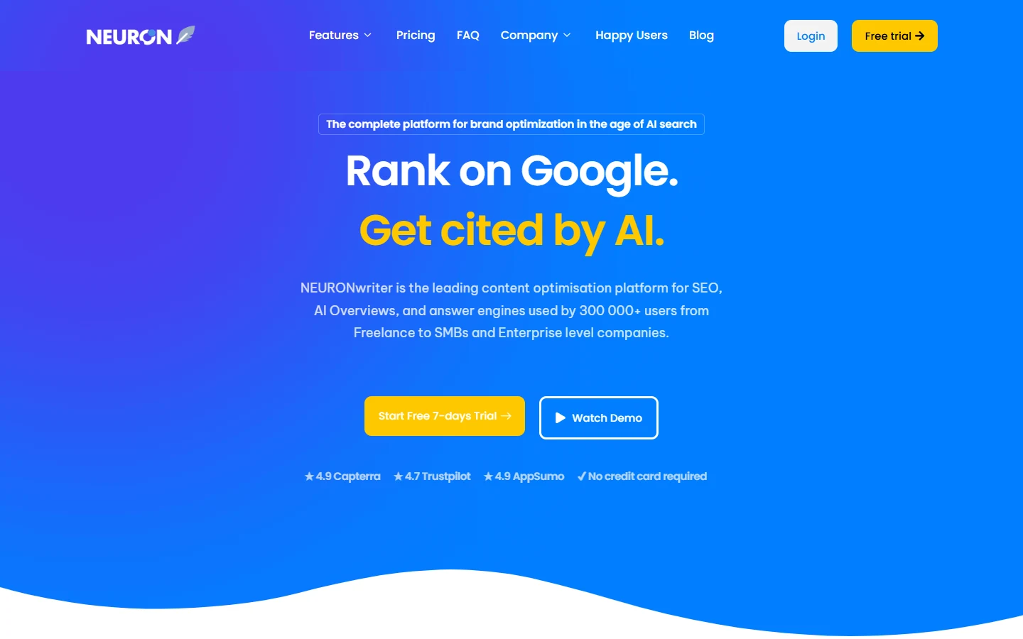 Screenshot of NeuronWriter's homepage showing its Rank on Google, Get cited by AI headline and free trial call to action