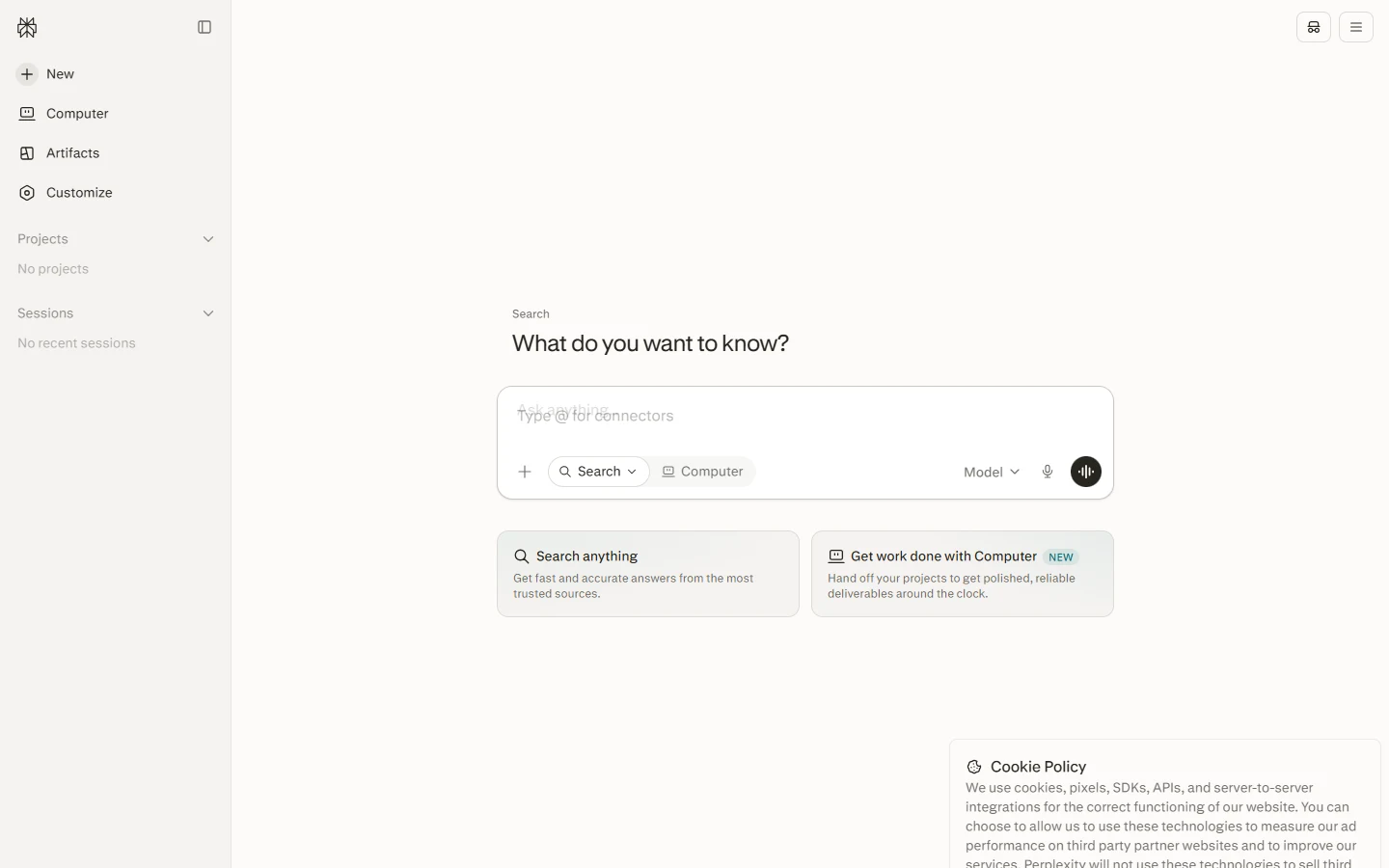Screenshot of the real Perplexity AI homepage showing its Search prompt box, used here for live, cited keyword and competitor research