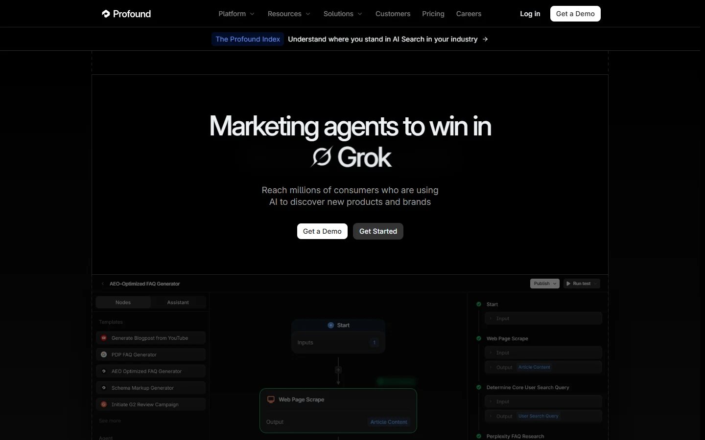 Profound's Product Homepage Screenshot of the Profound homepage, an AI search visibility platform that tracks brand mentions across ChatGPT, Gemini, Claude, and Perplexity