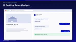 10 Best Real Estate Chatbots, dark navy browser-window graphic showing a property listing page and an AI chat widget qualifying a buyer lead and routing it to an agent CRM