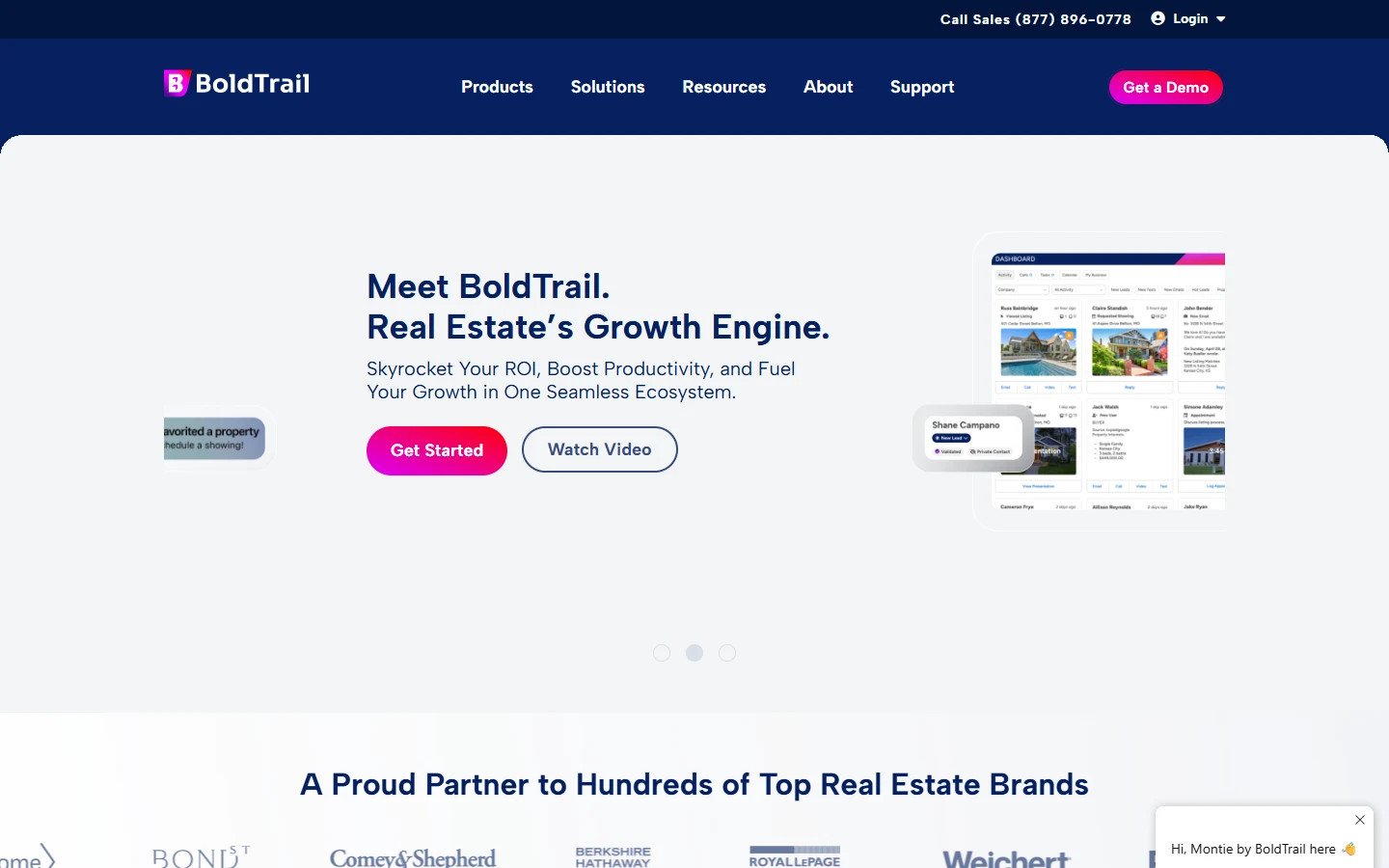 Screenshot of BoldTrail's homepage showing its Meet BoldTrail, Real Estate's Growth Engine headline and a CRM dashboard preview with new lead and requested showing activity cards