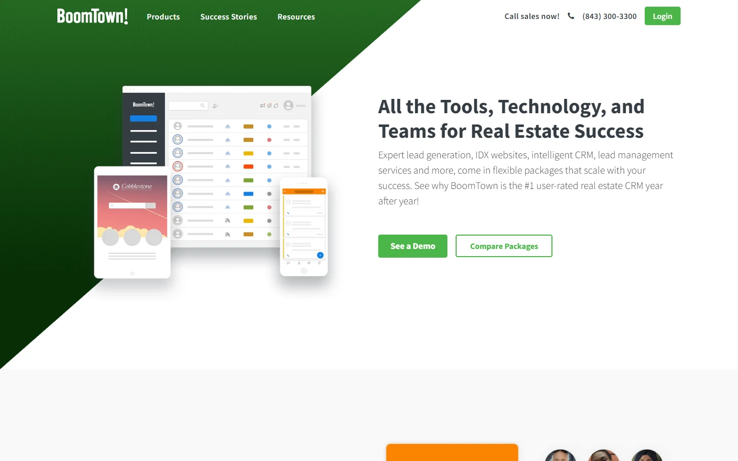 Screenshot of BoomTown's homepage showing its All the Tools, Technology, and Teams for Real Estate Success headline with CRM dashboard and mobile app mockups