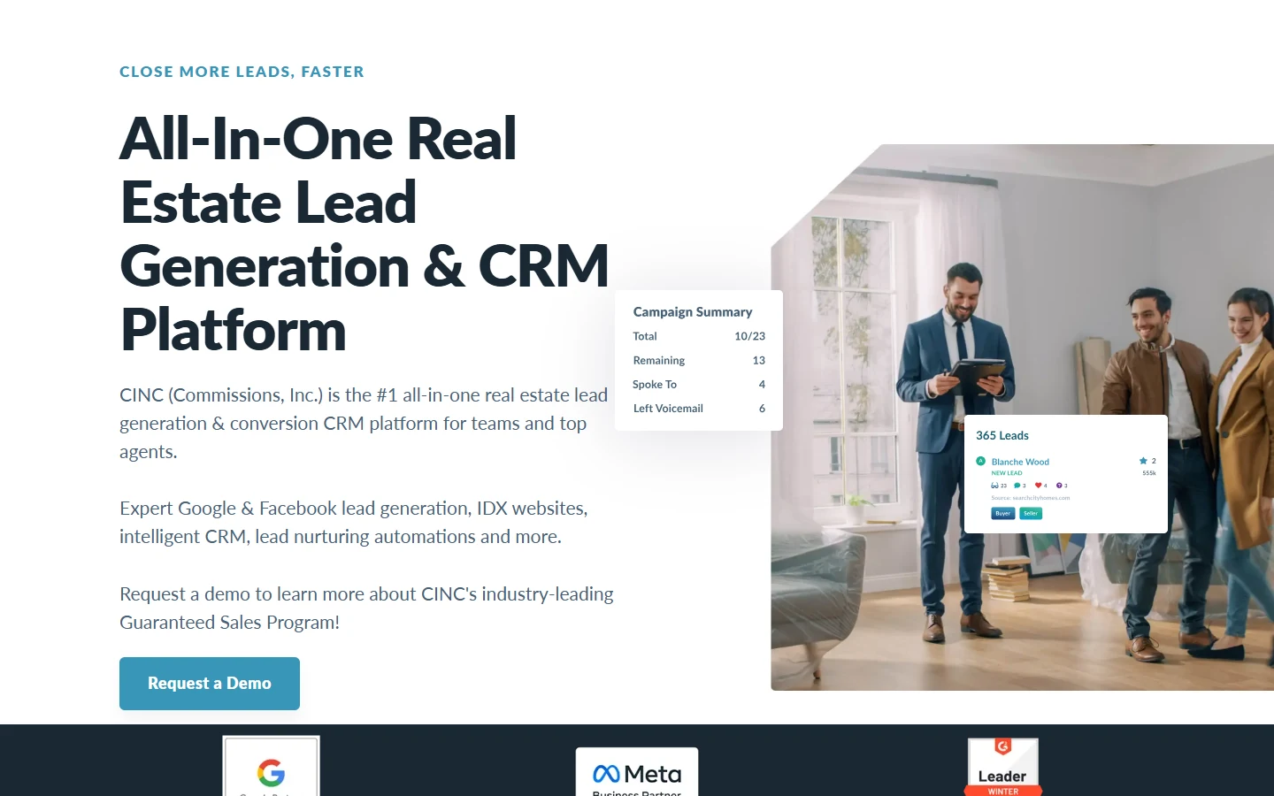 Screenshot of CINC's homepage showing its All-In-One Real Estate Lead Generation and CRM Platform headline with a campaign summary panel and a 365 leads dashboard card