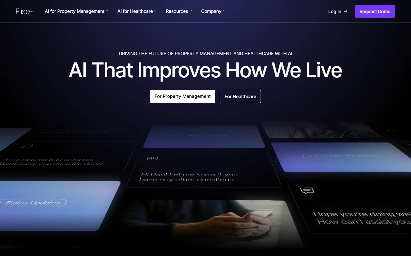 Screenshot of EliseAI's homepage showing its AI That Improves How We Live headline with For Property Management and For Healthcare options