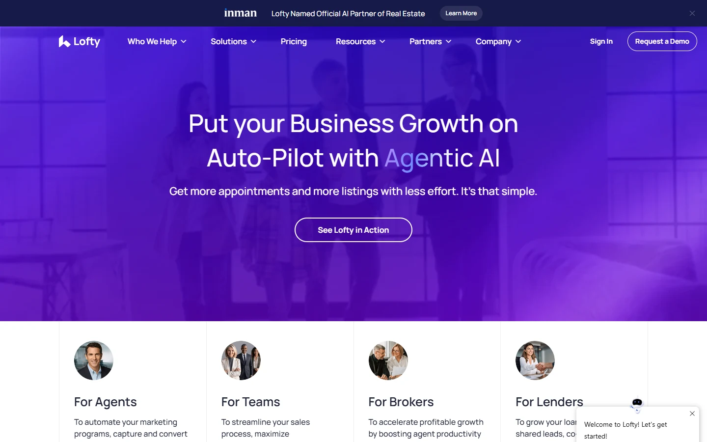 Screenshot of Lofty's homepage showing its Put your Business Growth on Auto-Pilot with Agentic AI headline and audience cards for Agents, Teams, Brokers, and Lenders