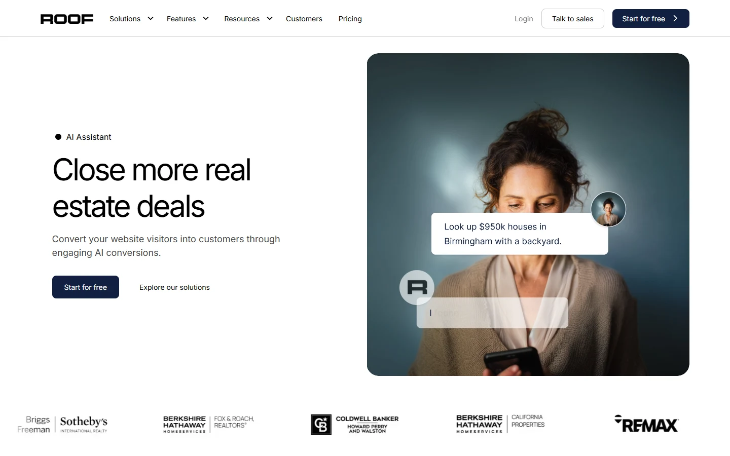 Screenshot of Roof.ai's homepage showing its Close more real estate deals headline and an AI Assistant chat bubble asking to look up $950k houses in Birmingham with a backyard