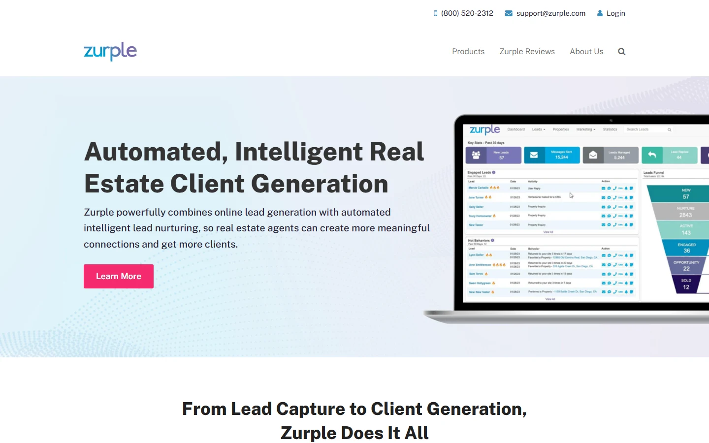 Screenshot of Zurple's homepage showing its Automated, Intelligent Real Estate Client Generation headline and a dashboard preview with new leads, messages sent, and a leads funnel breakdown
