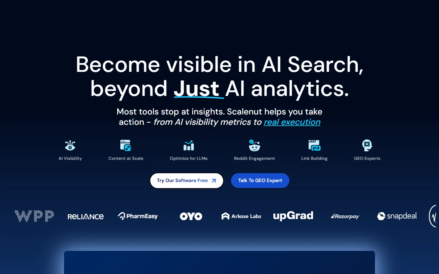 Screenshot of Scalenut's homepage showing its Become visible in AI Search headline and brand logos of companies using the platform