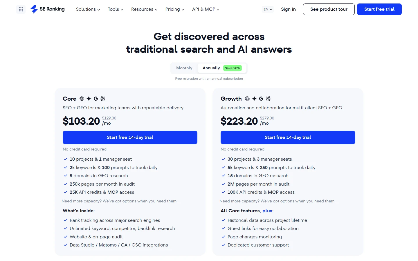 Screenshot of SE Ranking's pricing page showing the Core plan at $103.20 per month and Growth plan at $223.20 per month, both billed annually