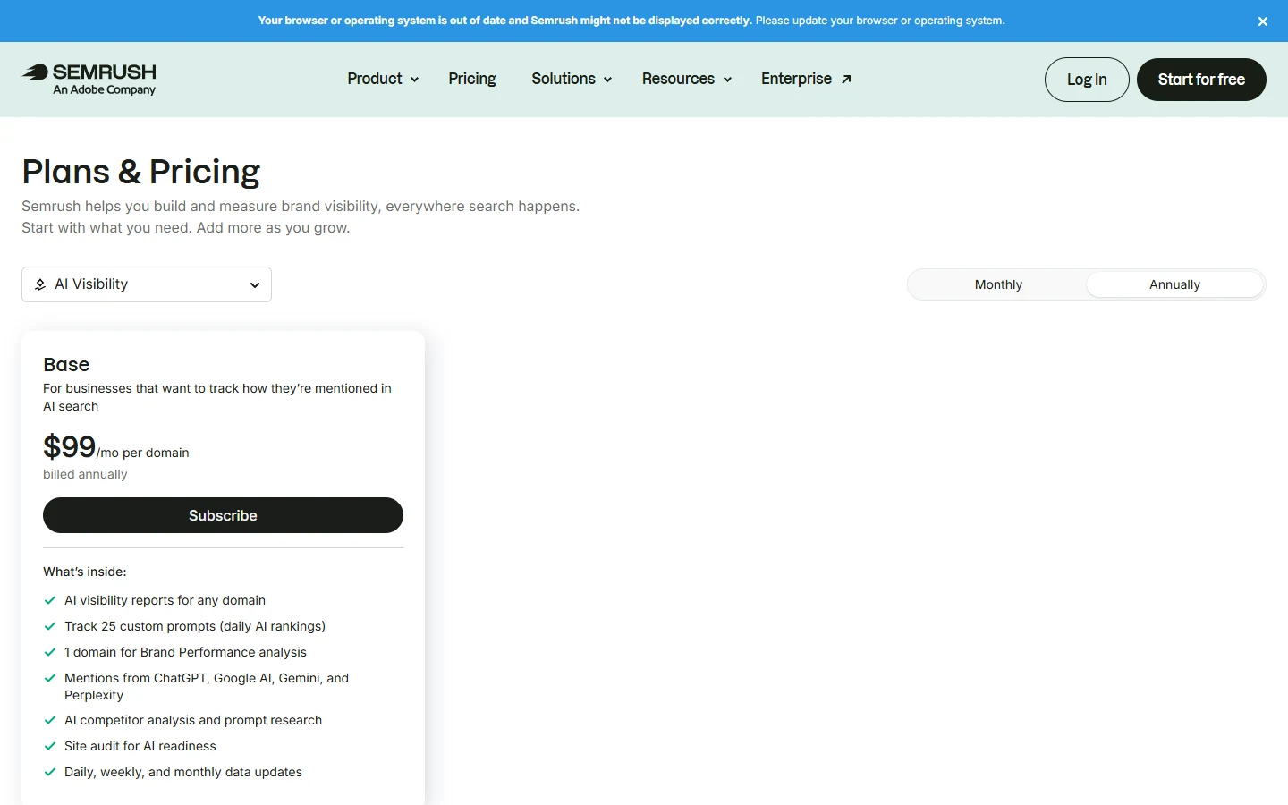 Semrush AI Visibility Toolkit Pricing Page Screenshot of the Semrush AI Visibility Toolkit pricing page showing the Base plan at 99 dollars per month with AI visibility reports and prompt tracking features
