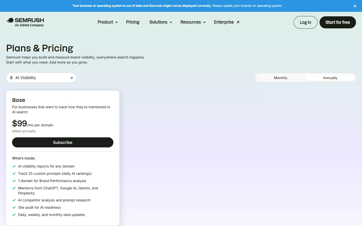 Semrush AI Visibility Toolkit Base Plan, Perplexity Included Screenshot of the Semrush AI Visibility Toolkit Base plan pricing page at 99 dollars per month, listing mentions from ChatGPT, Google AI, Gemini, and Perplexity as included features