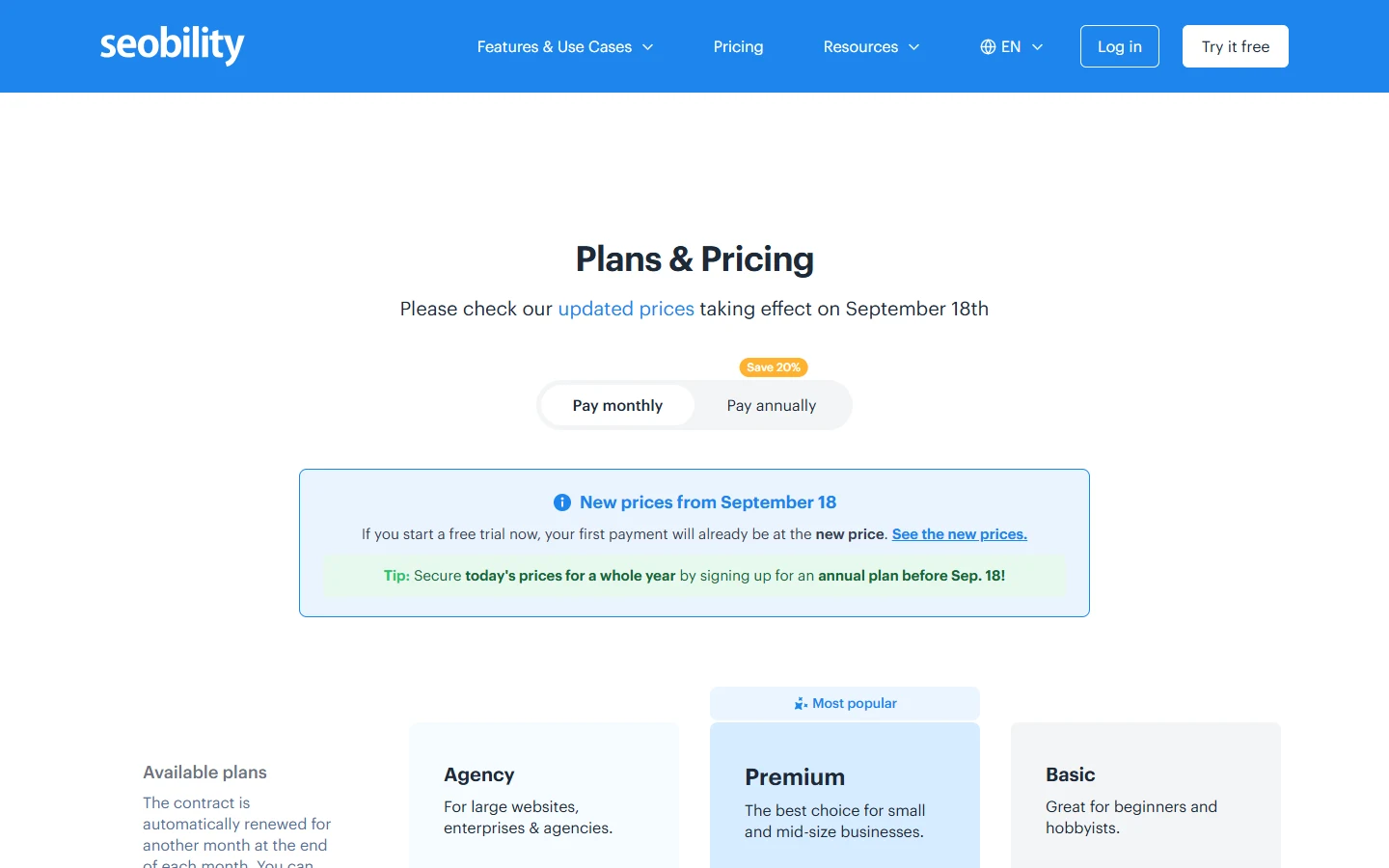 Screenshot of Seobility's pricing page showing Basic, Premium, and Agency plan options with a note about updated prices