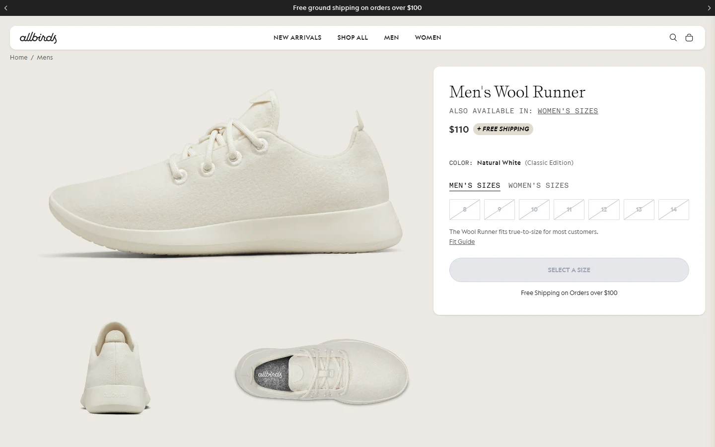 Real Shopify Product Page Photography Example A real Shopify product page on allbirds.com for the Men's Wool Runner shoe, showing actual product photography, multiple angles, price, and size selector exactly as a shopper would see it