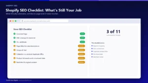 Browser-chrome mockup of a Shopify store SEO audit dashboard showing a checklist with automated items like canonical tags and sitemap marked green, and manual items like page titles and structured data marked amber