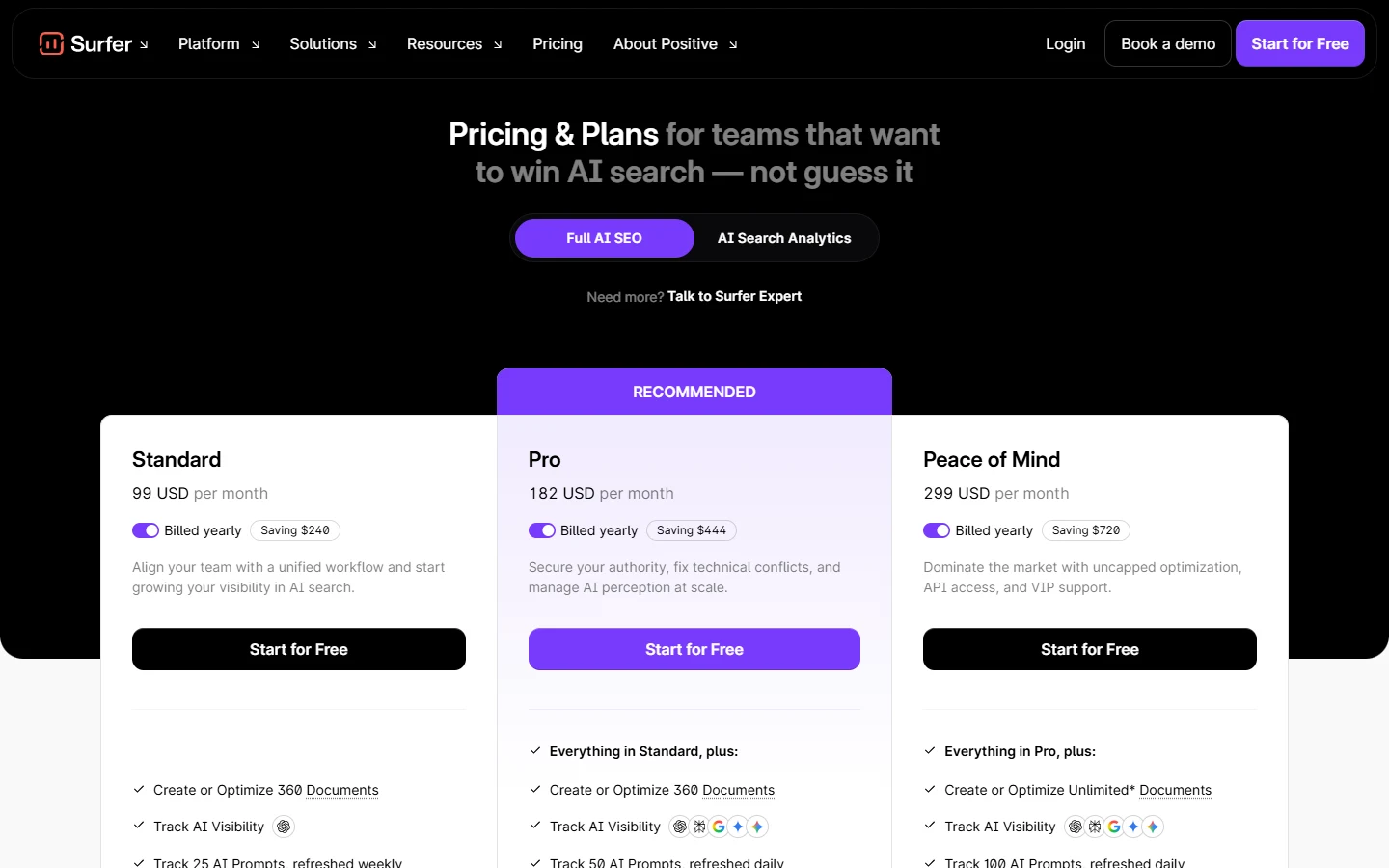 Screenshot of Surfer SEO's pricing page showing its Standard, Pro, and Peace of Mind plan tiers with monthly pricing