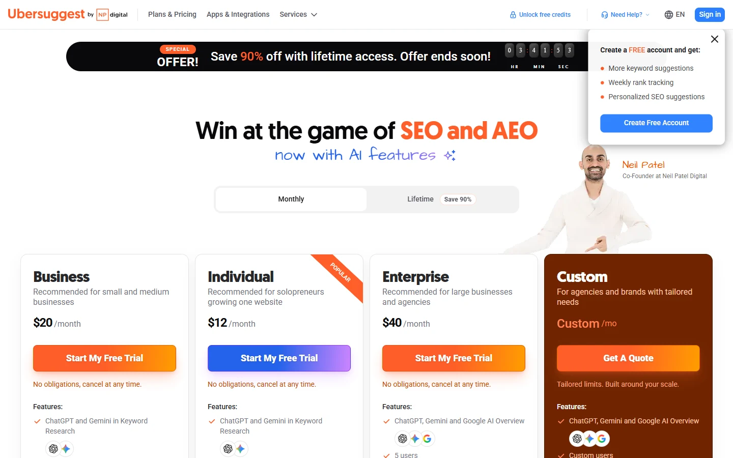 Screenshot of Ubersuggest's pricing page showing the Individual plan at $12 per month, Business at $20 per month, and Enterprise at $40 per month