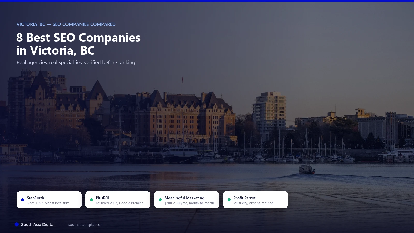 Hybrid hero image over a real photo of the Fairmont Empress Hotel across Victoria BC's Inner Harbour at sunset, headline 8 Best SEO Companies in Victoria BC, with chips naming StepForth, PlusROI, Meaningful Marketing, and Profit Parrot