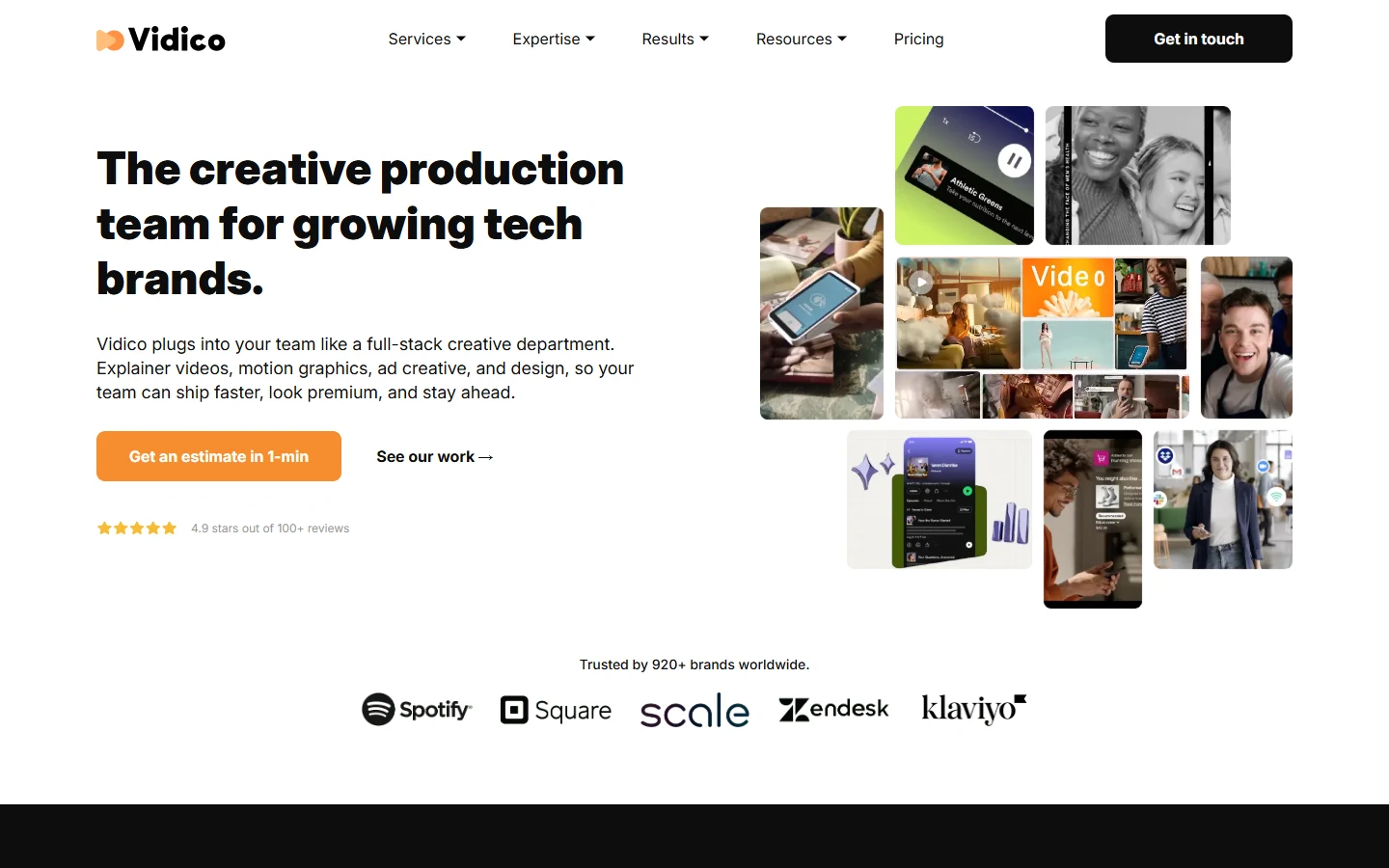Screenshot of the Vidico homepage, a global creative production company specializing in video and design for technology and SaaS brands
