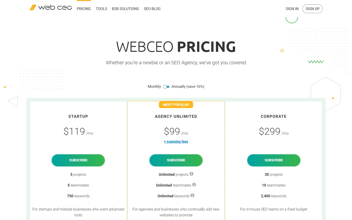 Screenshot of WebCEO's pricing page showing the Startup plan at $119 per month, Agency Unlimited at $99 per month, and Corporate at $299 per month