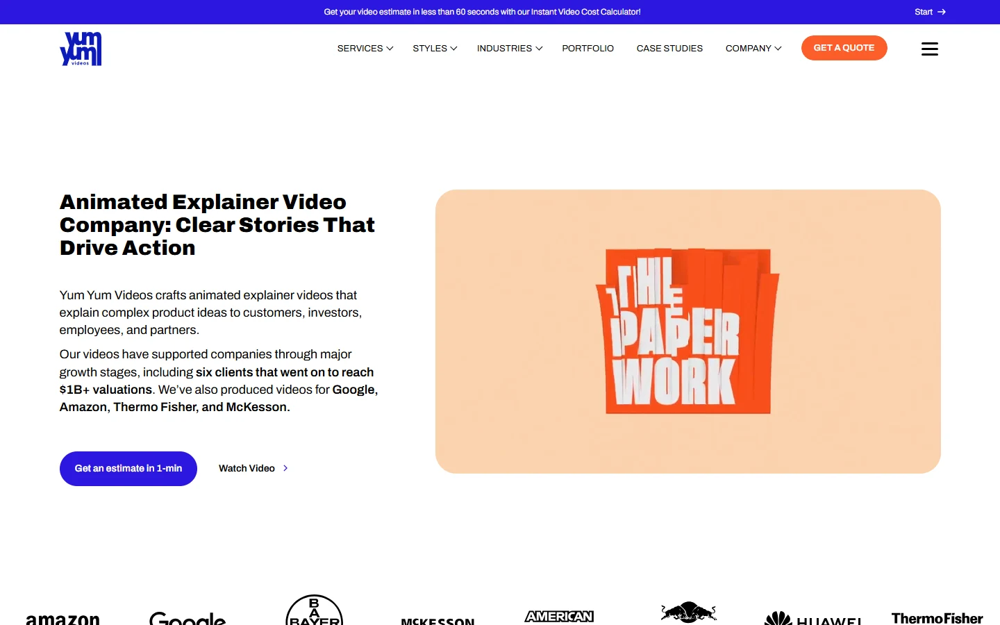 Screenshot of the Yum Yum Videos homepage, an animation-first video production company producing animated explainer and commercial videos