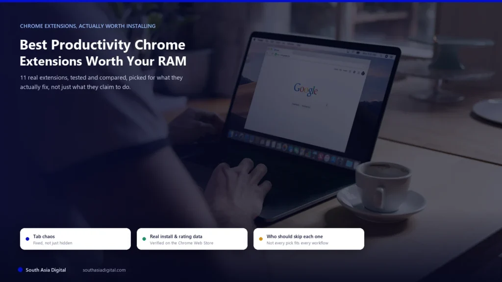 Person typing on a MacBook with Google Chrome open, coffee cup on the desk, representing the real daily browser workflow productivity Chrome extensions are meant to improve