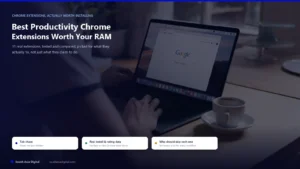 Person typing on a MacBook with Google Chrome open, coffee cup on the desk, representing the real daily browser workflow productivity Chrome extensions are meant to improve