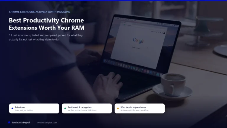 Person typing on a MacBook with Google Chrome open, coffee cup on the desk, representing the real daily browser workflow productivity Chrome extensions are meant to improve