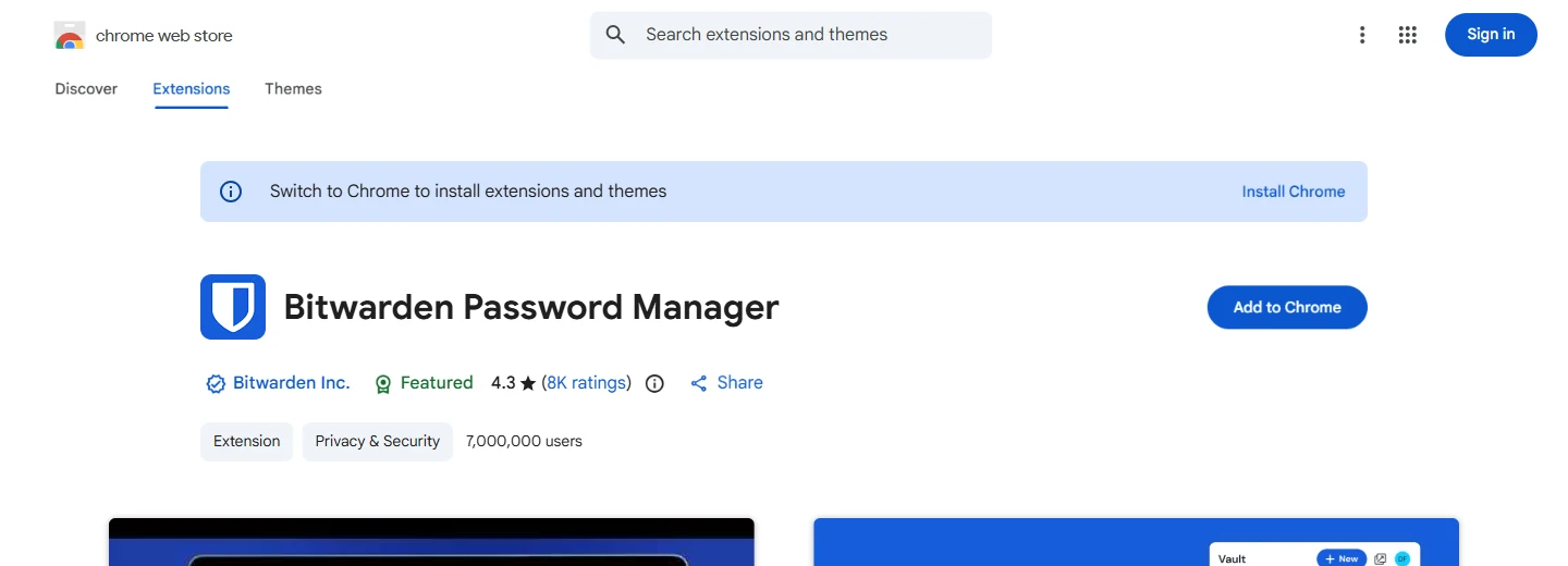 Bitwarden on the Chrome Web Store Bitwarden password manager Chrome Web Store listing showing 7,000,000 users and a 4.3 star rating from 8K reviews