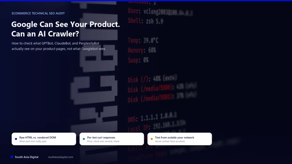 Dark terminal window showing system and network diagnostic output, representing a raw per-bot HTTP response audit for ecommerce product pages