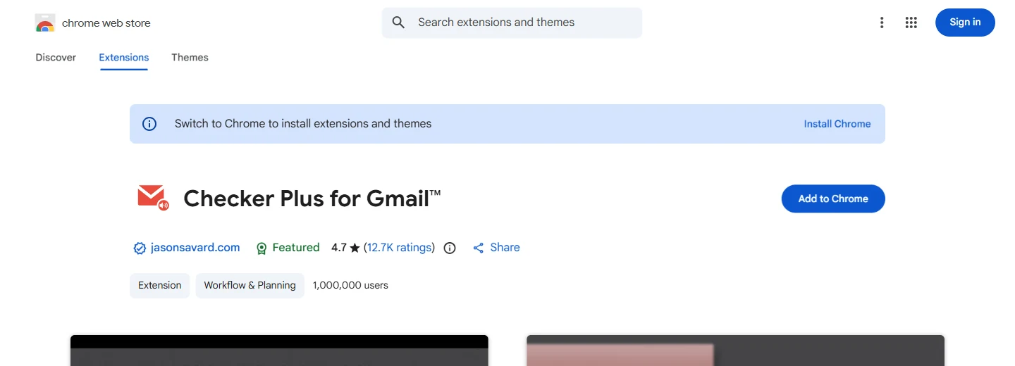 Checker Plus for Gmail on the Chrome Web Store Checker Plus for Gmail Chrome Web Store listing showing 1,000,000 users and a 4.7 star rating from 12.7K reviews