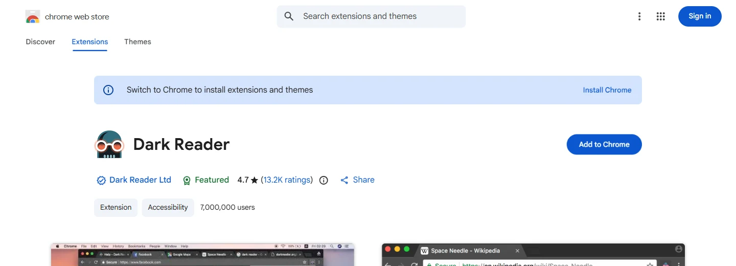Dark Reader on the Chrome Web Store Dark Reader Chrome Web Store listing showing 7,000,000 users and a 4.7 star rating from 13.2K reviews