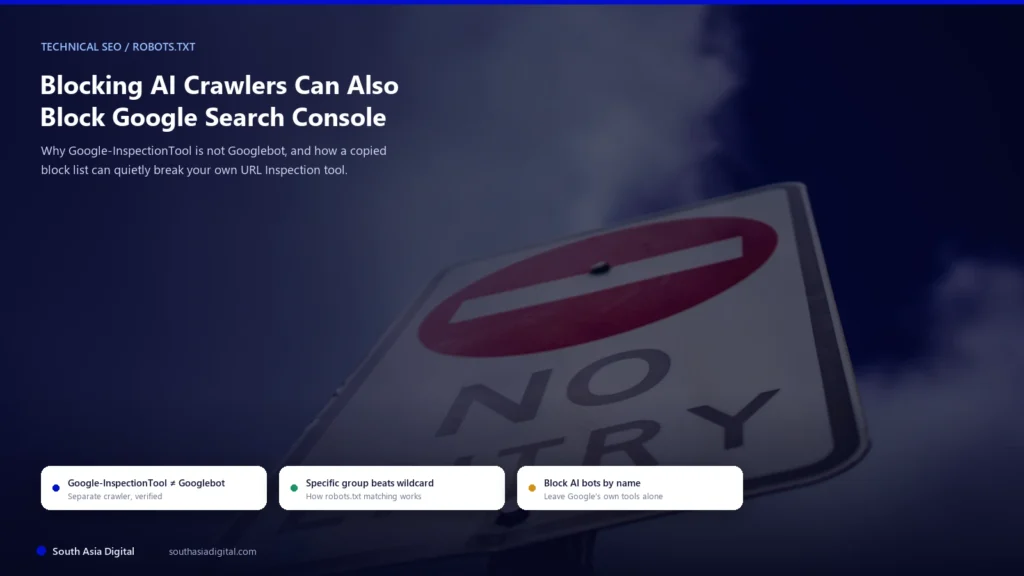 Hybrid featured image of a No Entry road sign against a dramatic blue sky with overlay text reading Blocking AI Crawlers Can Also Block Google Search Console, and three chips reading Google-InspectionTool not equal Googlebot, Specific group beats wildcard, and Block AI bots by name