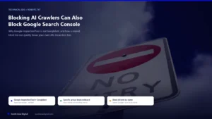 Hybrid featured image of a No Entry road sign against a dramatic blue sky with overlay text reading Blocking AI Crawlers Can Also Block Google Search Console, and three chips reading Google-InspectionTool not equal Googlebot, Specific group beats wildcard, and Block AI bots by name