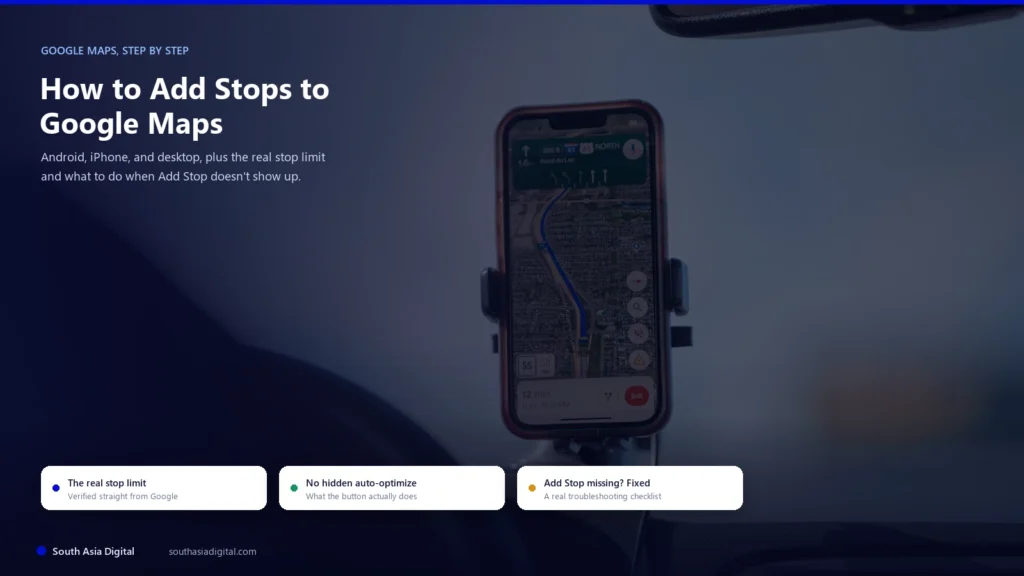 Smartphone mounted on a car dashboard showing an active Google Maps turn-by-turn navigation route