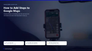Smartphone mounted on a car dashboard showing an active Google Maps turn-by-turn navigation route