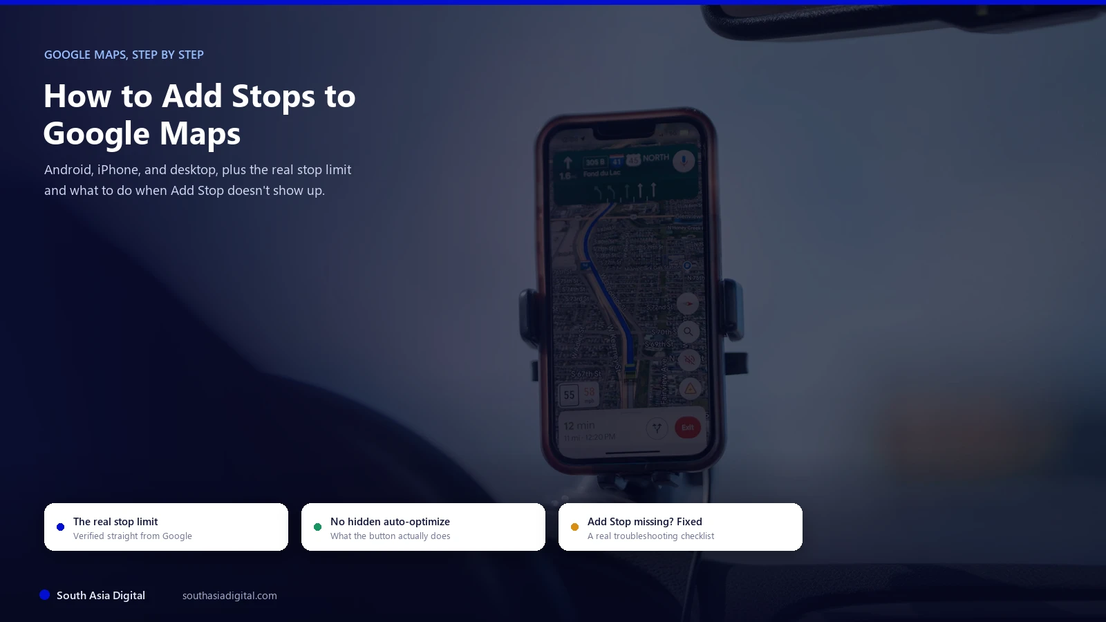 Smartphone mounted on a car dashboard showing an active Google Maps turn-by-turn navigation route