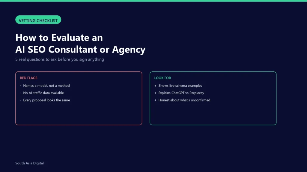 Red flags versus what to look for when evaluating an AI SEO consultant or agency