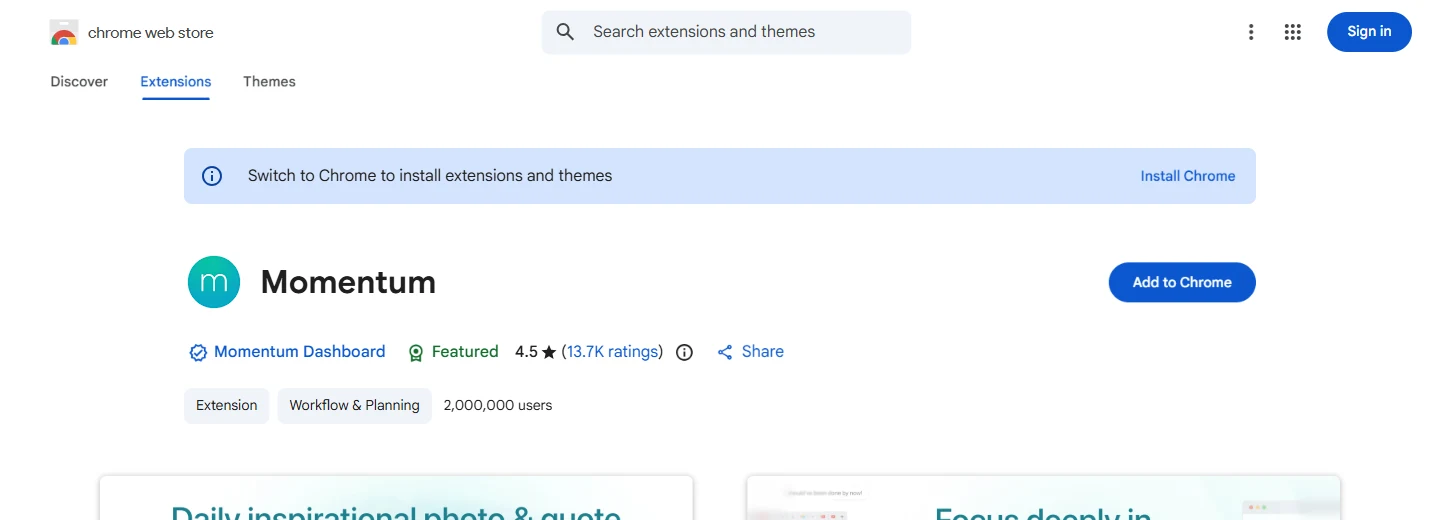 Momentum on the Chrome Web Store Momentum Chrome Web Store listing showing 2,000,000 users and a 4.5 star rating from 13.7K reviews