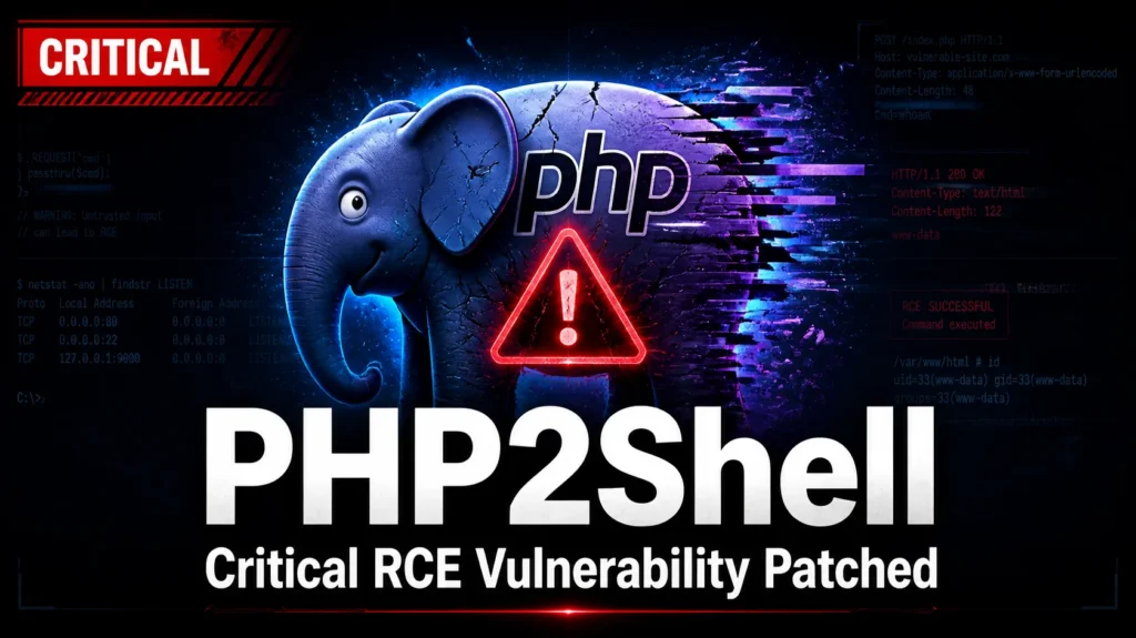 PHP2Shell critical RCE vulnerability patched, PHP elephant logo with warning icon