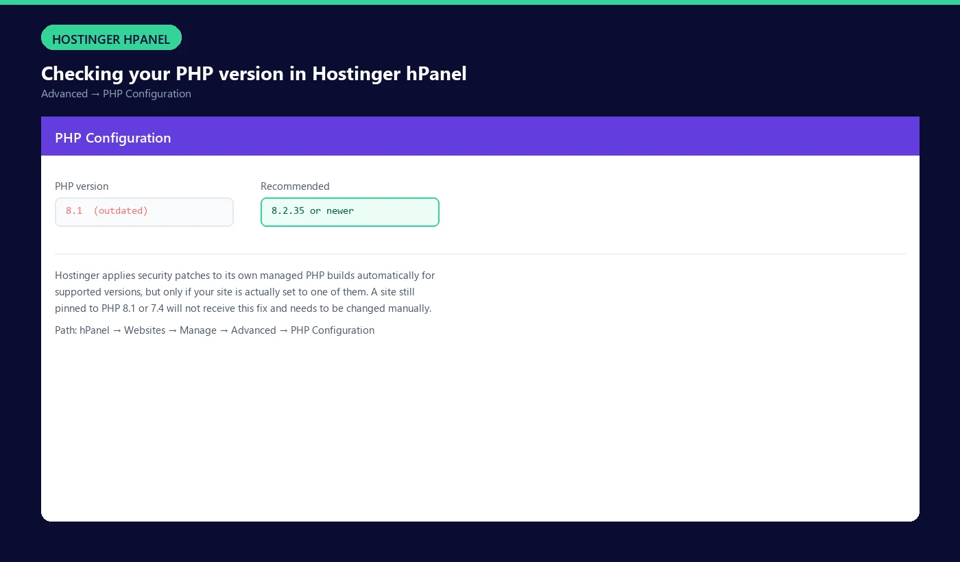 Hostinger hPanel PHP Configuration screen showing current PHP version and the recommended patched version