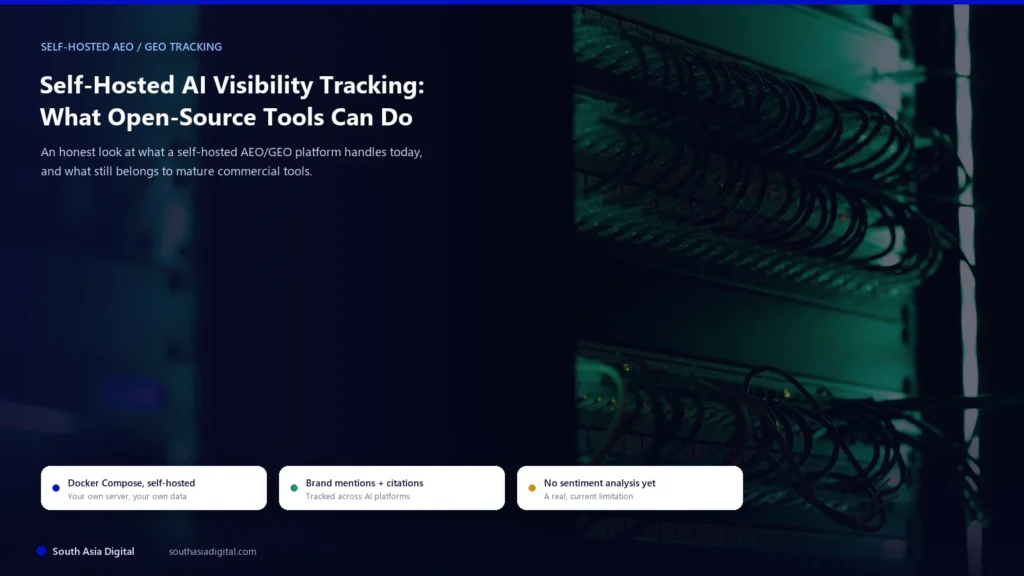 Dark server rack with green lighting and patch cabling, representing self-hosted AI visibility tracking infrastructure run on your own server