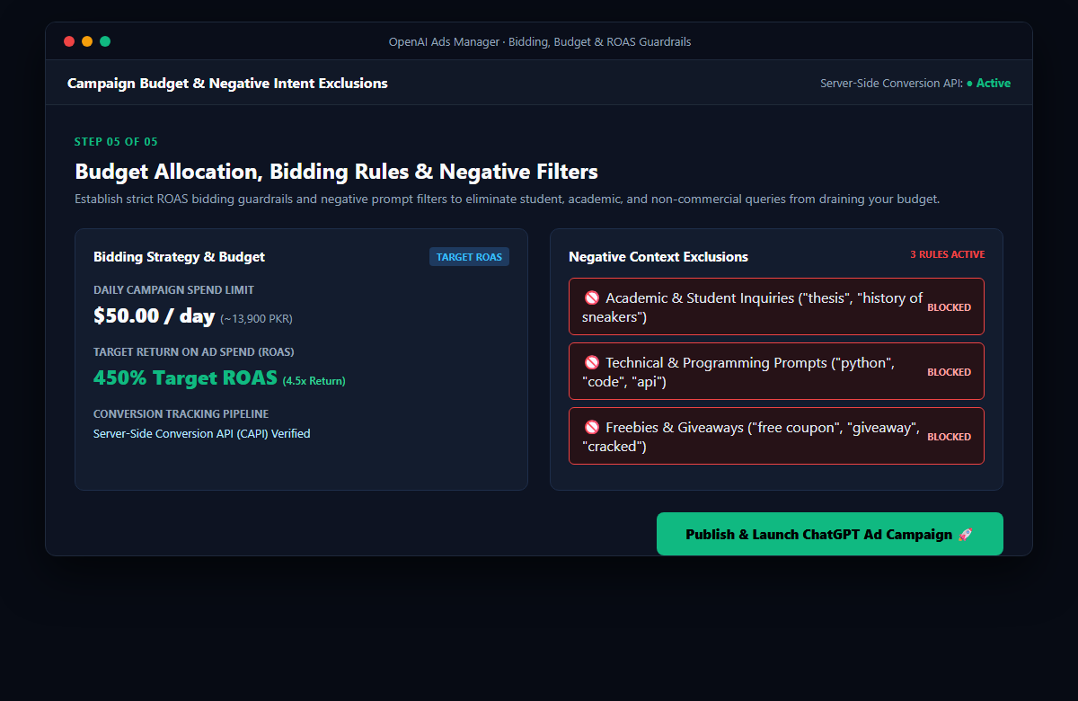 Step 5 OpenAI Ads Manager Budget Bidding Rules and Negative Prompt Filters