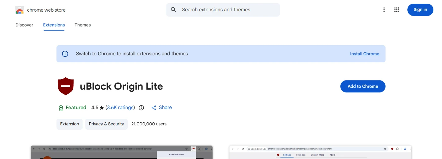 uBlock Origin Lite on the Chrome Web Store uBlock Origin Lite Chrome Web Store listing showing 21,000,000 users and a 4.5 star rating from 3.6K reviews